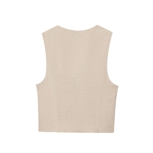 Minimalist beige cotton linen vest top with bead decoration on a clean white background
