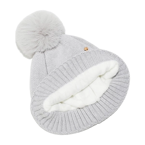 Detailed close-up of light gray knitted winter hat featuring warm white fleece lining