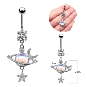 Detail of star, moon and planet belly ring with iridescent finish and size markings