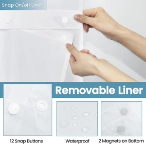 Waterproof white waffle shower curtain liner with removable snap-on design and 2 magnets