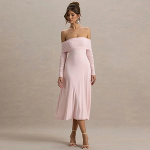 Detail of elegant off-shoulder pink bodycon midi dress with long sleeves in studio light