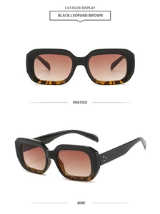 Detailed front and side view of retro square leopard print sunglasses with rivets