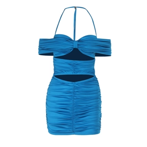 Robe moulante bleu roi avec découpe à la taille, fronces et décolleté licou élégant