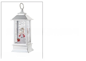 Close-up of silver snowman Christmas lantern with glitter water and 5.3x5.3x13cm dimensions