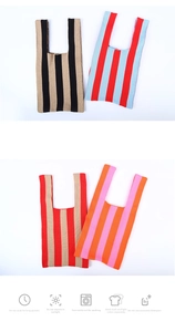 Detailed view of striped knit tote bags in various color combinations with ribbed texture