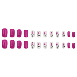 Minimalist 24pcs berry red and purple floral press-on nails in short square shape