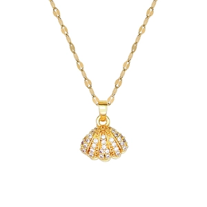 Elegant gold shell pendant necklace with white zircons on a delicate chain for women