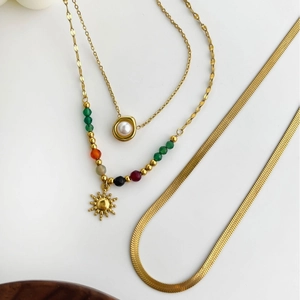 Layered 18K gold plated necklace set with colorful beads, sun pendant and snake chain