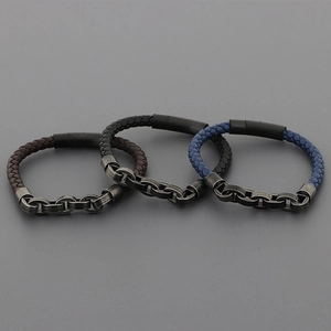 Braided leather and stainless steel men's bracelets in brown, black, and blue colors