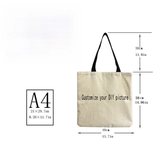 Customizable beige linen tote bag with cat print and black handles, 40x38cm capacity