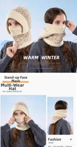 Detail of winter knitted hood with fleece lining, integrated neck gaiter and face mask