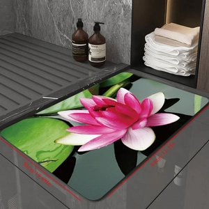 Detailed view of non-slip bath mat with 3D pink lotus and green leaf pattern, 50x80cm