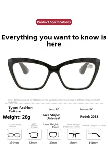 Detaillierte Größenangaben der Cat-Eye-Lesebrille mit schwarzem PC-Rahmen und Maßen