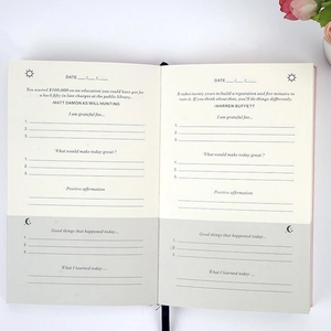 Close-up of Gratitude Journal A5 inner pages with daily goals and linen cover details