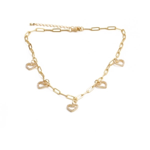 Collier chaîne trombone doré avec breloques cœur ajourées et zircons brillants