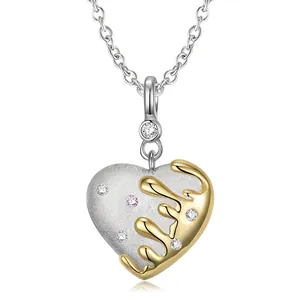 Melting Heart Pendant Necklace 925 Sterling Silver Gold Plated Frosted Liquid Design With Pink White Cubic Zirconia