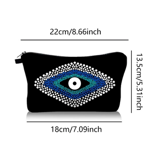 Detailed size specifications of the evil eye makeup bag with height and width measurements
