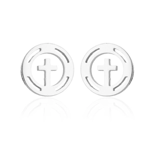 Detailed view of silver stainless steel round stud earrings with hollow cross design