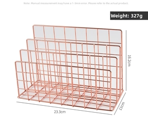 Rose gold iron wire desk organizer with 4 vertical compartments and size dimensions