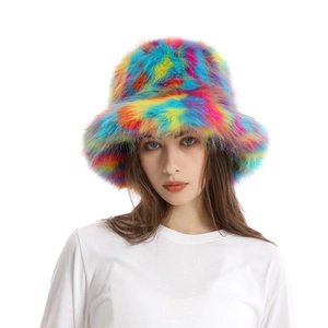 Vibrant colorful faux fur bucket hat featuring a rainbow camouflage plush texture for winter