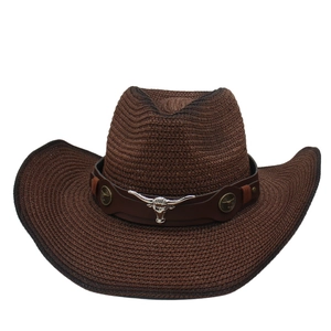 Western Cowboy Straw Hat Woven Wide Brim With Metal Bull Head Faux Leather Band Windproof Rope For Beach Holiday