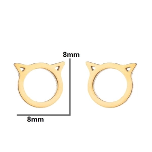 Close-up of golden cat ear stud earrings measuring 8mm by 8mm on white background