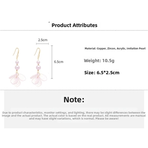 Detailed view of pink acrylic petal earrings with pearls and gold hooks, size 6.5x2.5cm