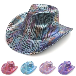 Metallic Holographic Fish Scale Western Cowboy Hat Sequin Shiny Wide Brim Party Dance Performance Fedora Hat For Men Women
