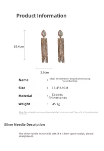 Detailed size view of teardrop rhinestone drop earrings with long fringe and silver pins