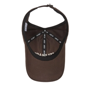 Brown open top sun visor hat with interior embroidery and adjustable metal buckle