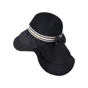 Women's wide brim sun hat with neck flap, breathable mesh top and striped bow accent