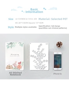 Detail showing PET drawing stencil sizes with an A5 notebook and phone for scale