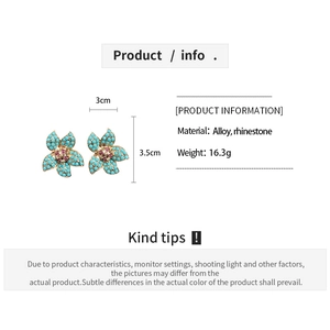 Detailed view of blue beaded flower earrings with a pink rhinestone center and size labels