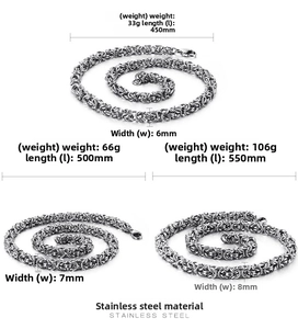 Three sizes of silver Byzantine stainless steel chains with weight and width specifications