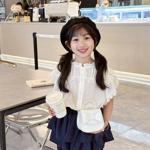 Elegant white lace shirt and navy skirt set with pearl handle bow crossbody bag for girls