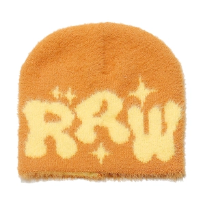 Detail of orange faux mink beanie showing fluffy texture and knitted RRW letter embroidery