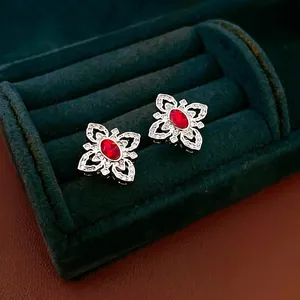 Vintage Flower Stud Earrings With Silver Earring Post Micro Pave Red Zircon Hollow Butterfly Elegant Jewelry For Women
