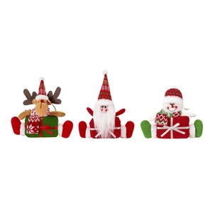 Three-piece Christmas plush ornaments set featuring Santa, Reindeer, and Snowman