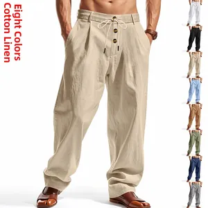 Men's breathable cotton linen trousers featuring drawstring waist and 8 color options
