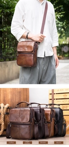 Close-up of textured genuine leather messenger bag with multiple zipper compartments