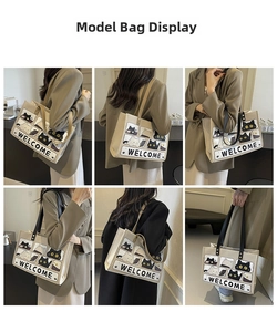 Detail shots of off-white canvas cat tote bag with reinforced shoulder strap rivets