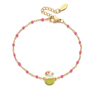 Detail of gold stainless steel bracelet featuring pink enamel beads and a coconut charm