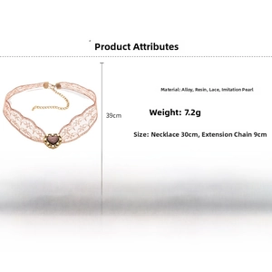 Detailed view of pink floral lace choker with resin heart pendant and alloy trim