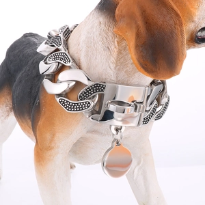 Dog Collar Stainless Steel Heavy Duty Cuban Link Chain With Round ID Tag Hip Hop Punk Style For Large Dogs