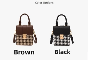 Detail of French houndstooth crossbody bag with leather trim and gold metal lock