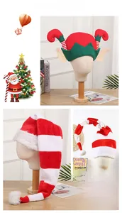 Detailed view of plush elf and long striped Christmas hats for festive party decorations