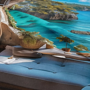Detailed close-up showing tropical island landscape pattern on decorative wall tapestry