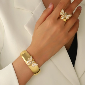 Brass Gold Plated Bangle Bracelet And Open Ring Bee Motif White Enamel Rhinestone Inlaid Wide Cuff Jewelry For Women