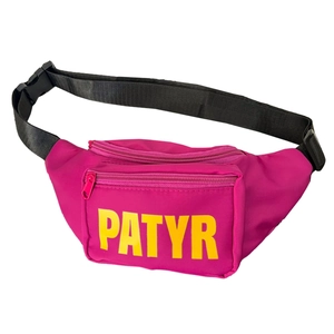 Kids rose pink sports waist bag with yellow PATYR print and adjustable black strap
