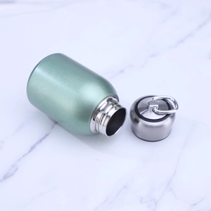 Mini stainless steel insulated water bottle in sage green with metal carry ring